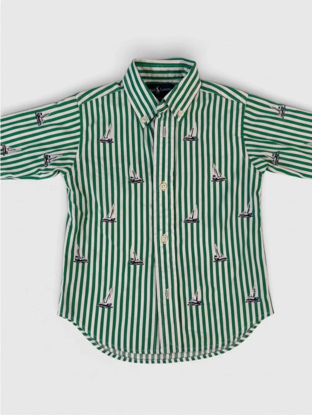 Ralph Lauren Boys 24M Green White Striped Sailboat Button Down Shirt